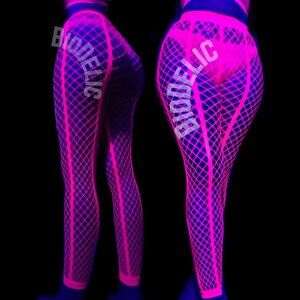 Glow Sheer Mesh Pants. Fiery Pink Fishnet Tights. Neon Rave Outfit Stockings